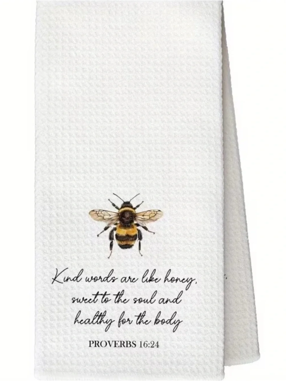 Bee Print Kitchen Towel - White with Yellow Bee & Proverbs Quote